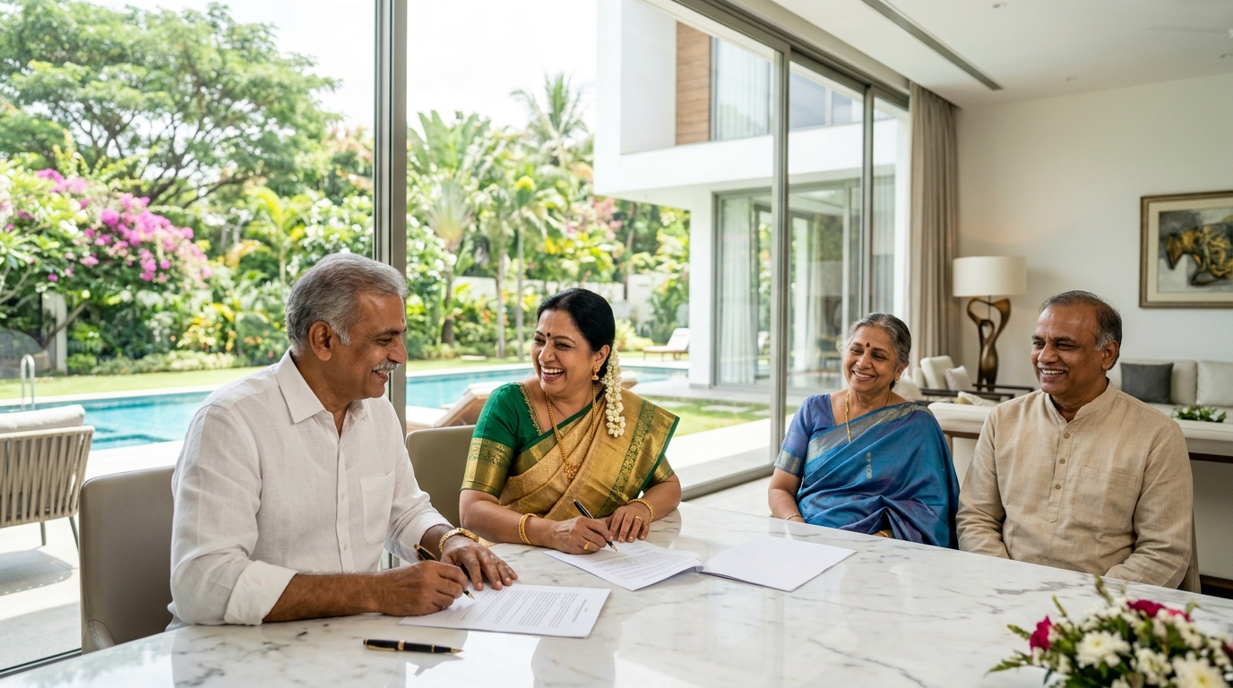 A South Indian couple in their sixties signing their wills at a polished marble table in a bright, elegant Bangalore villa, the wife in a silk saree, two smiling family friends beside them as witnesses, the garden outside full of rain trees and bougainvillea, the pages angled away so nothing on them can be read