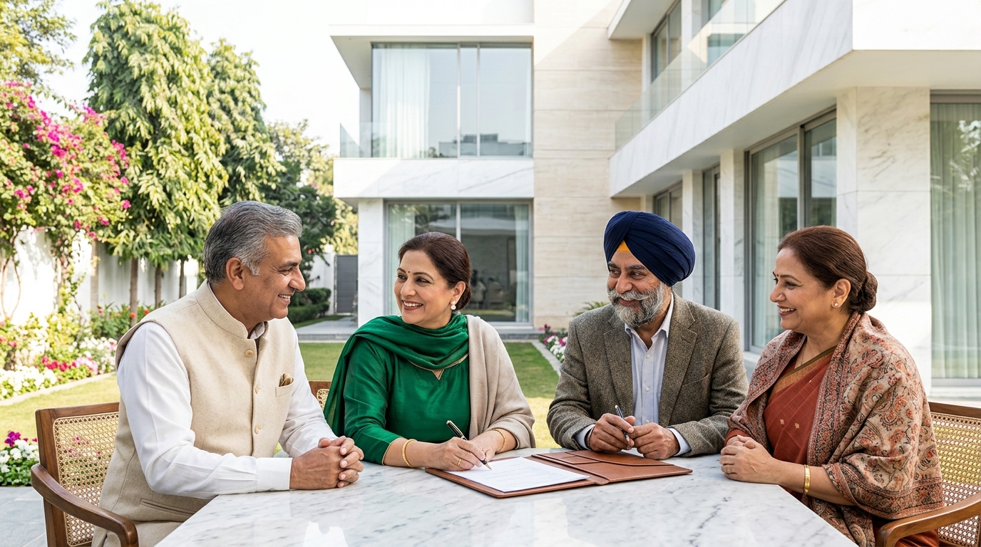 A Punjabi couple in their sixties signing their wills at a marble table set out on the sunlit front lawn of their South Delhi kothi in winter, two smiling family friends beside them as witnesses, one a distinguished Sikh gentleman in a neatly tied turban and the other a woman in a pashmina shawl, the white house, neem trees and beds of winter flowers behind them, the pages angled away so nothing on them can be read