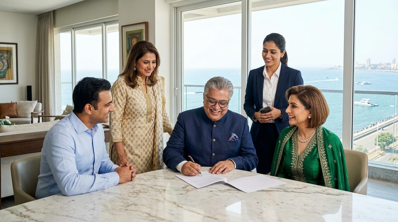 At the long marble dining table of their Malabar Hill penthouse, the portly father signs his will while the glamorous mother and two elegant family friends, the witnesses, smile beside him and their corporate daughter-in-law looks on, the pages angled away so nothing on them can be read, the Arabian Sea through floor to ceiling glass behind them