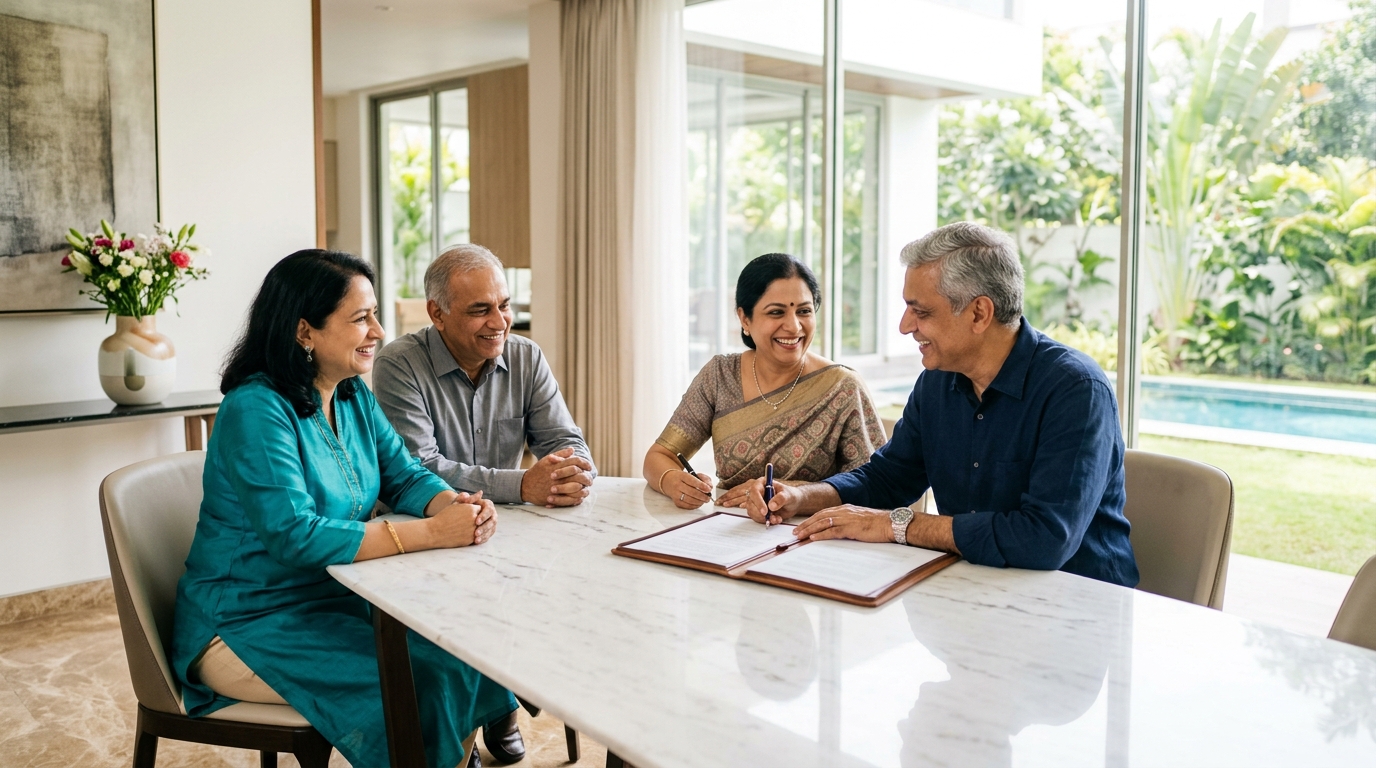 An Indian couple in their sixties signing their wills at a polished marble table in a bright, elegant home while two smiling family friends sit beside them as witnesses, the pages angled away so nothing on them can be read