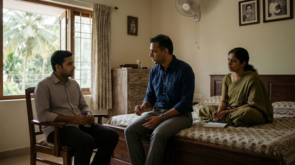 Three adult Indian siblings, one visiting from abroad, share a quiet moment of thoughtful discussion in the light-filled master bedroom of their ancestral home in Kerala in the early morning