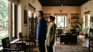 An accomplished Indian man visiting from abroad and his adult daughter quietly observing the spacious, well-lit living room of their inherited family property in India in the early afternoon