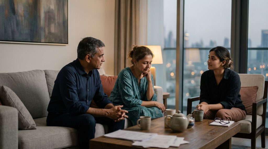 An accomplished Indian professional, his wife, and their adult daughter share a quiet moment of thoughtful discussion in the comfortable living room of their Dubai apartment during a clear early evening