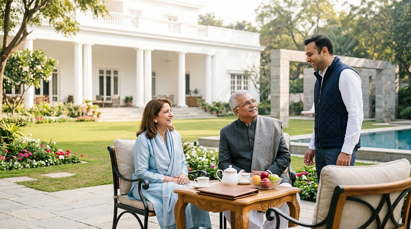 A Punjabi family visiting from London on the lawn of their South Delhi kothi with the papers for their will