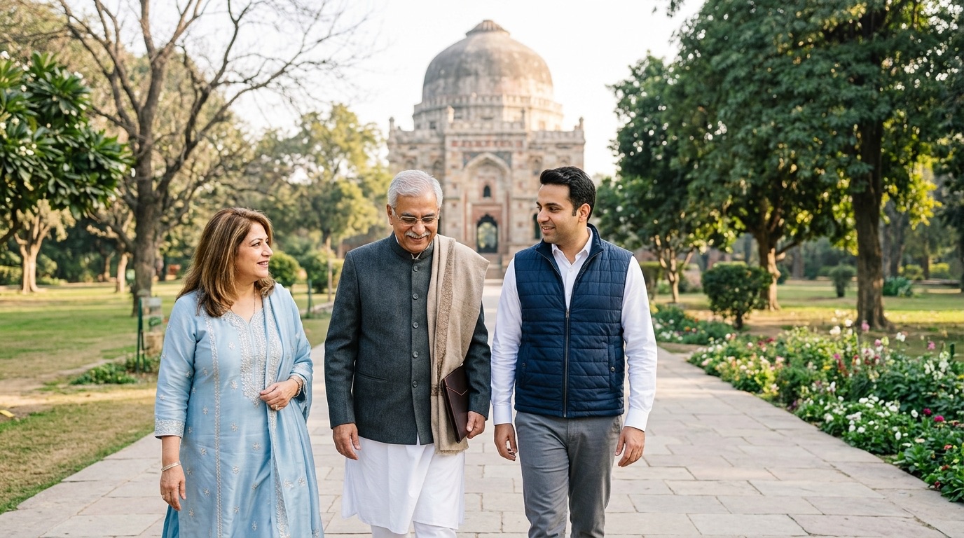 A father and son walking in Lodhi Garden in Delhi during a visit home to settle the father's will