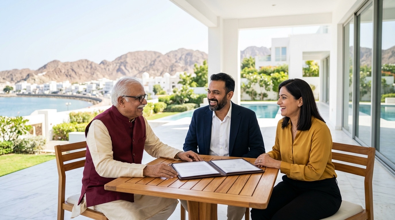 A three generation Telugu family in Muscat planning their estate in India on their villa terrace