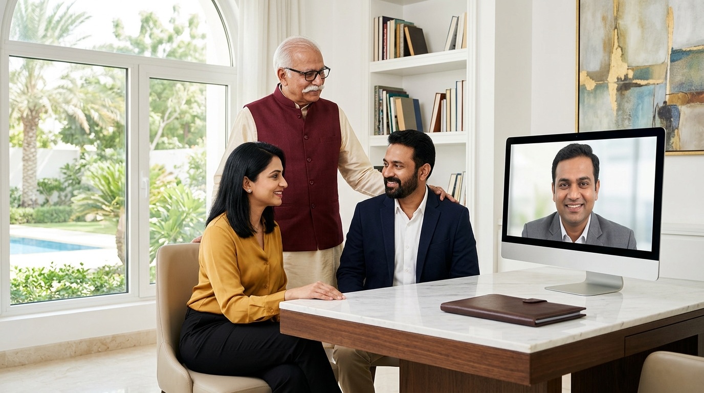 A family in Muscat on a video call with WillJini about their estate plan, the grandfather looking on