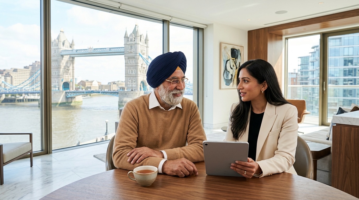 A Sikh father and his daughter in their London apartment planning his will in India, Tower Bridge behind them