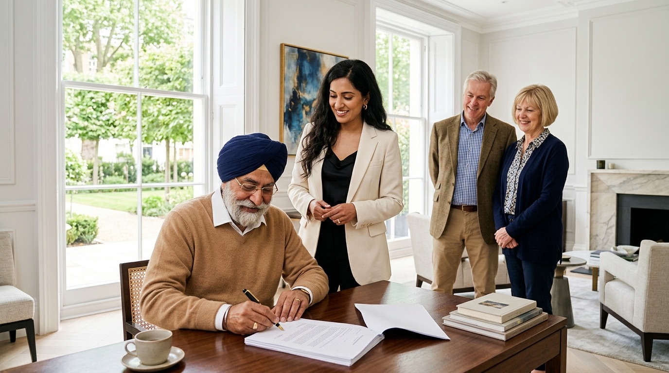 A father in London signing his Indian will before two English neighbours who will witness it