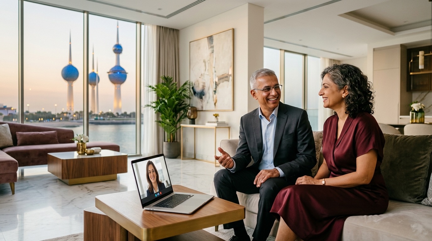 A Goan couple in Kuwait on a video call with their WillJini lawyer, the Kuwait Towers outside