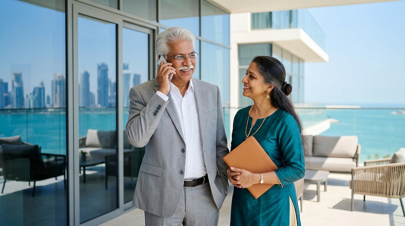 A Malayali couple on their Doha terrace, on a call with WillJini about making their will in India