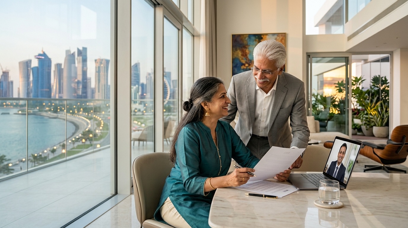 A couple reviewing the draft of their will at home in Doha, their WillJini lawyer on the laptop beside them