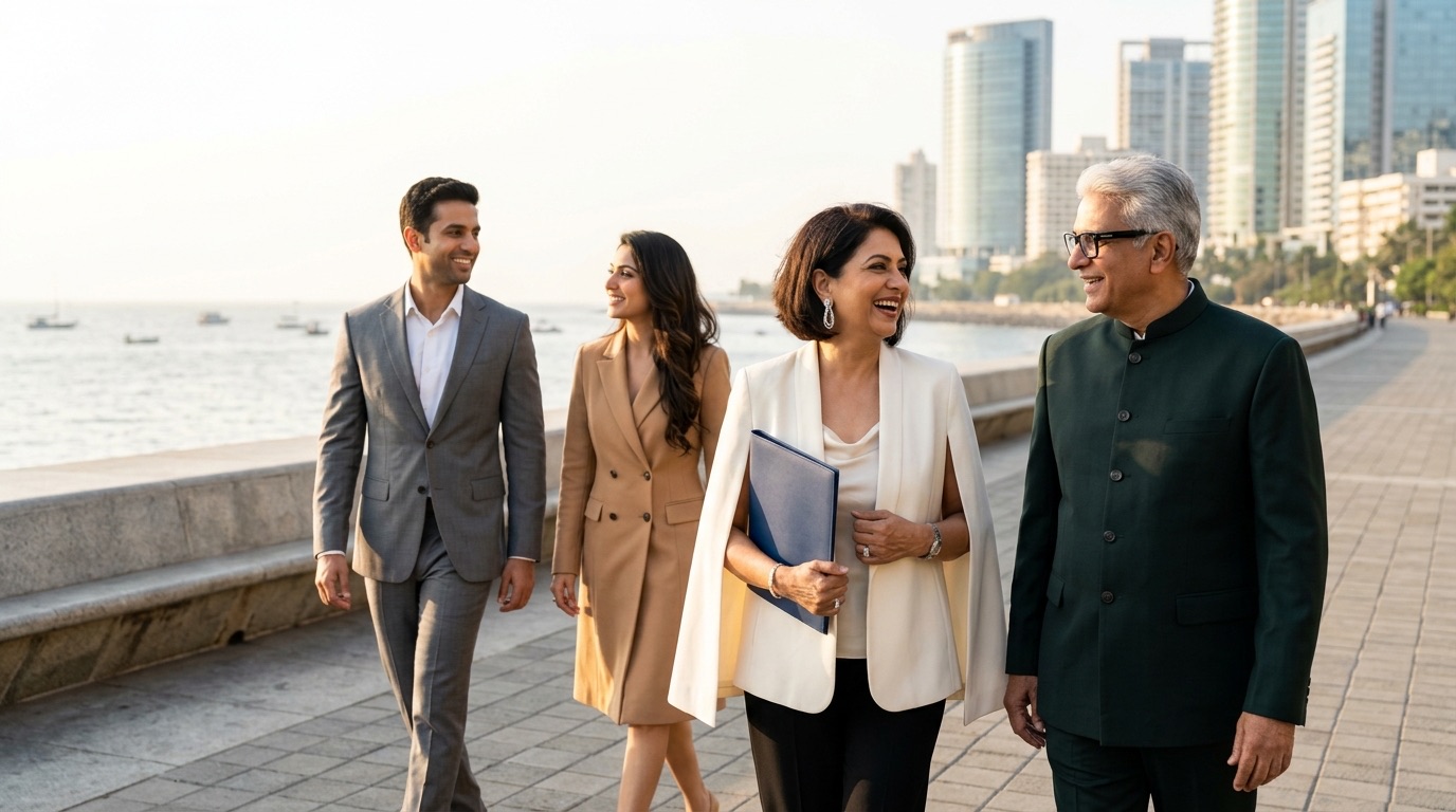 A family visiting Mumbai walking along the Nariman Point seafront after registering their will