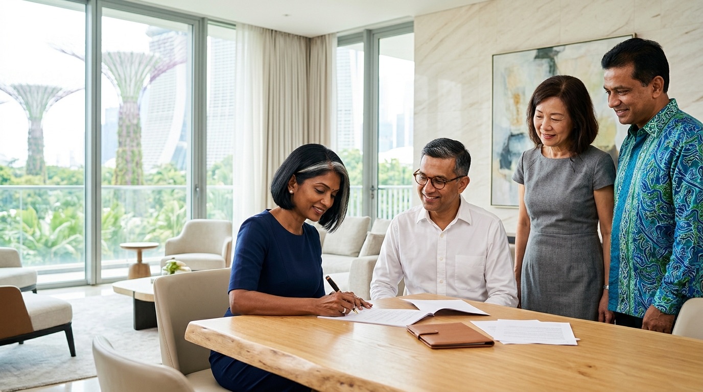 A woman in Singapore signing her Indian will on paper while her husband and two neighbours wait to witness it
