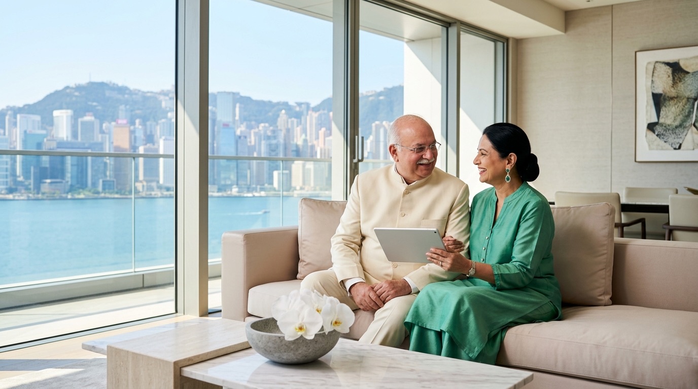 A Marwari couple in Hong Kong looking at photographs of their family home in India, Victoria Harbour behind them