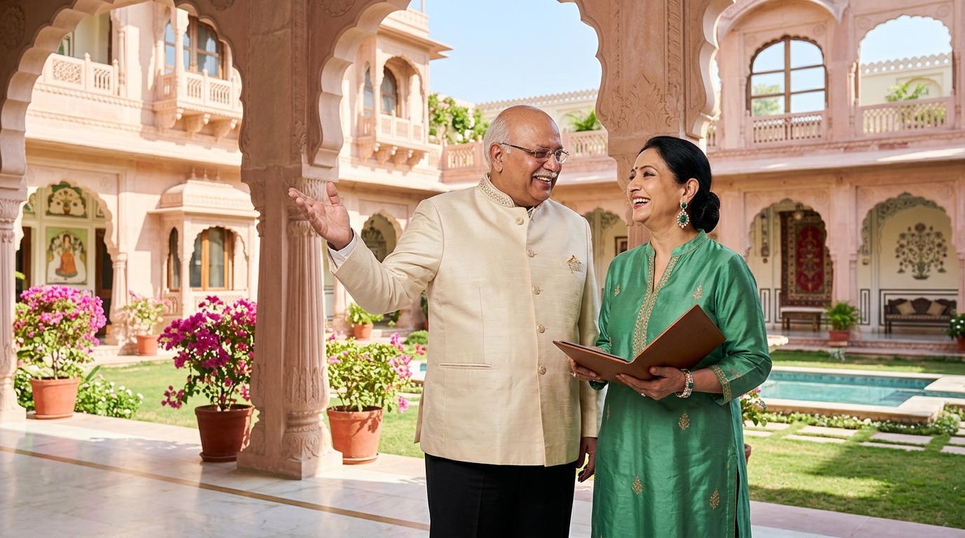 A couple visiting their family haveli in Jaipur, the property their will now provides for