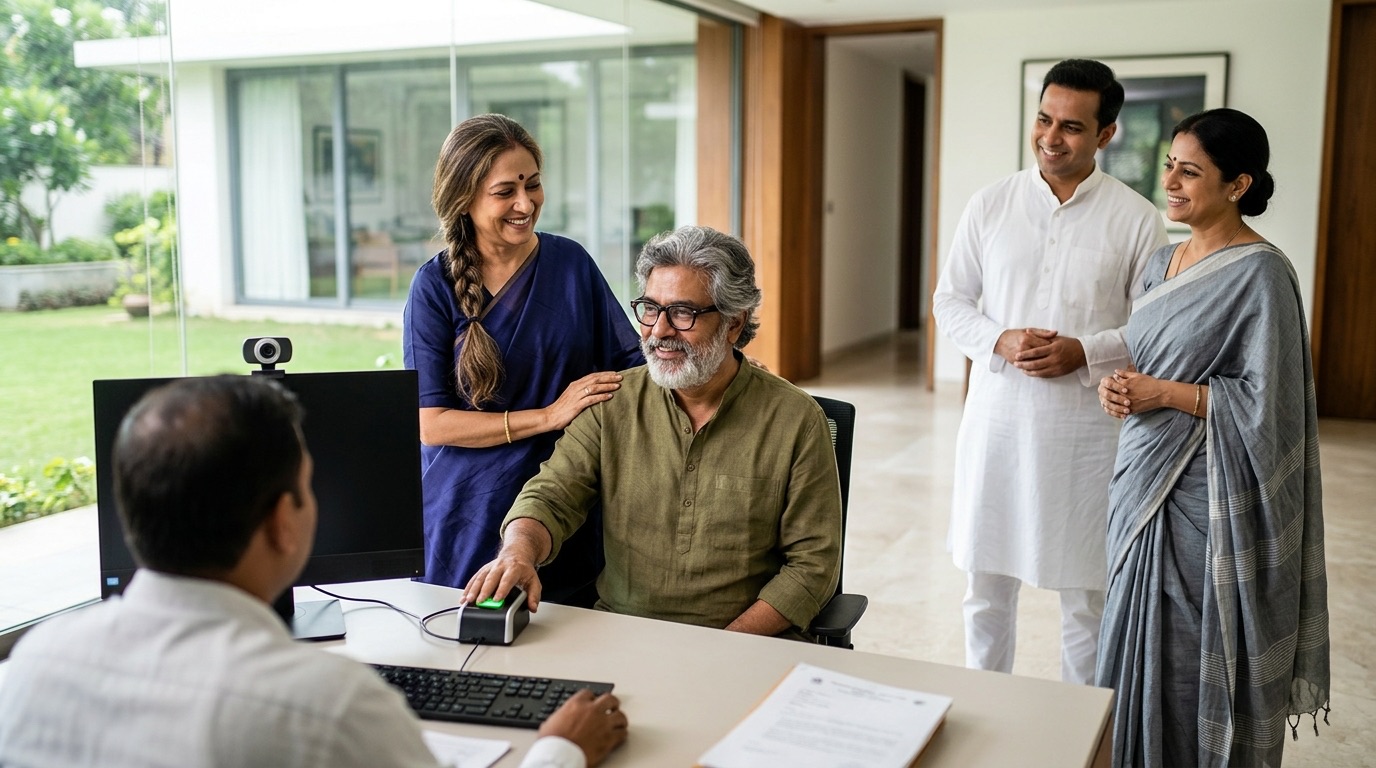 A couple visiting from abroad registering a will at a Sub-Registrar office in India with two friends beside them