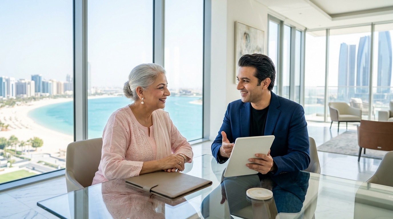 A mother and her son in Abu Dhabi planning the registration of her will in India, the Corniche behind them