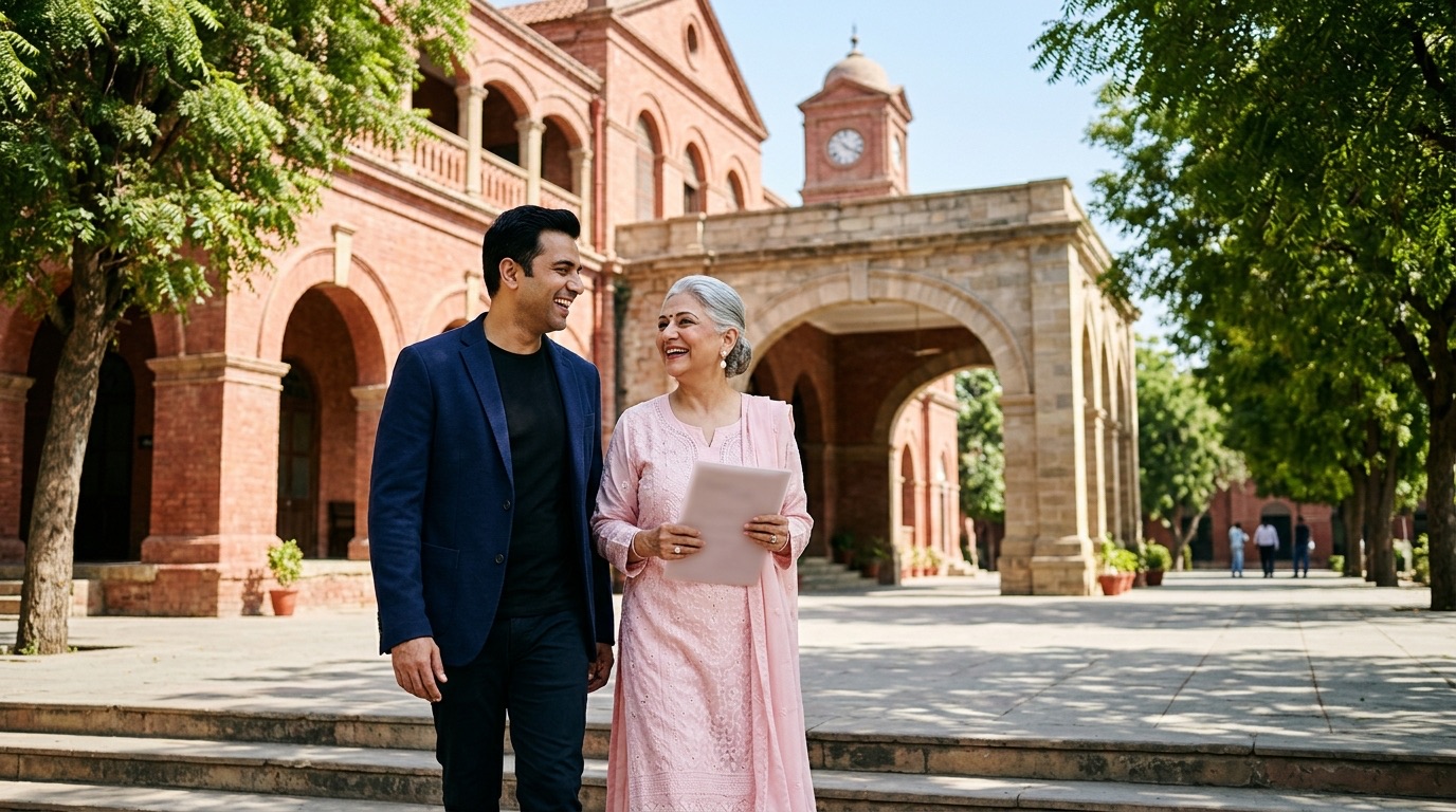 A mother and her son walking out of a government building in India after registering her will