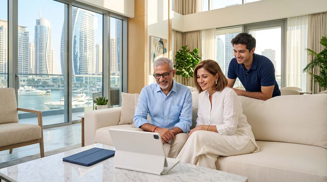 A Gujarati family in their Dubai Marina apartment on a video call with their WillJini lawyer about their Indian will