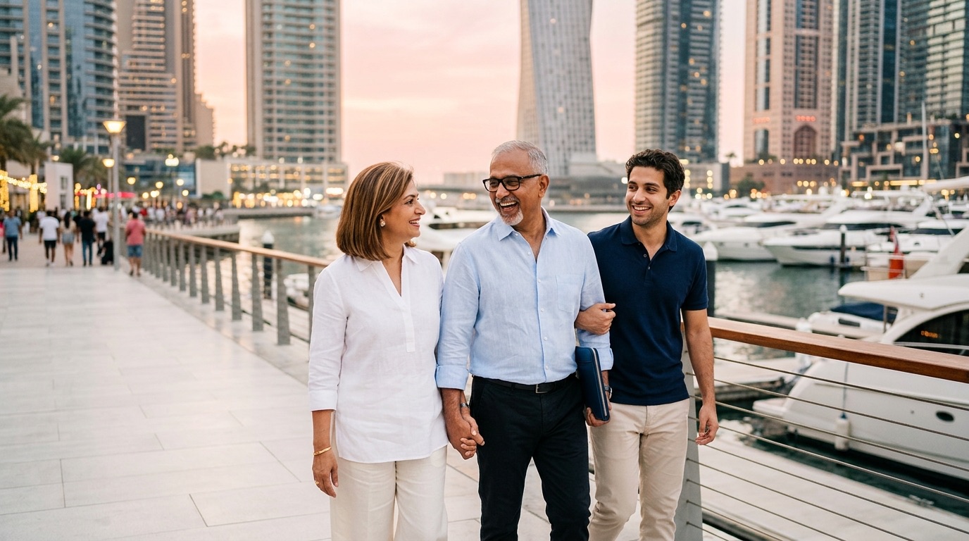 A couple walking along the Dubai Marina promenade, relaxed now that their Indian will is settled