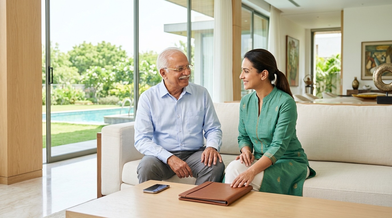 A daughter helps her father check the papers for registering his will in their Pune home