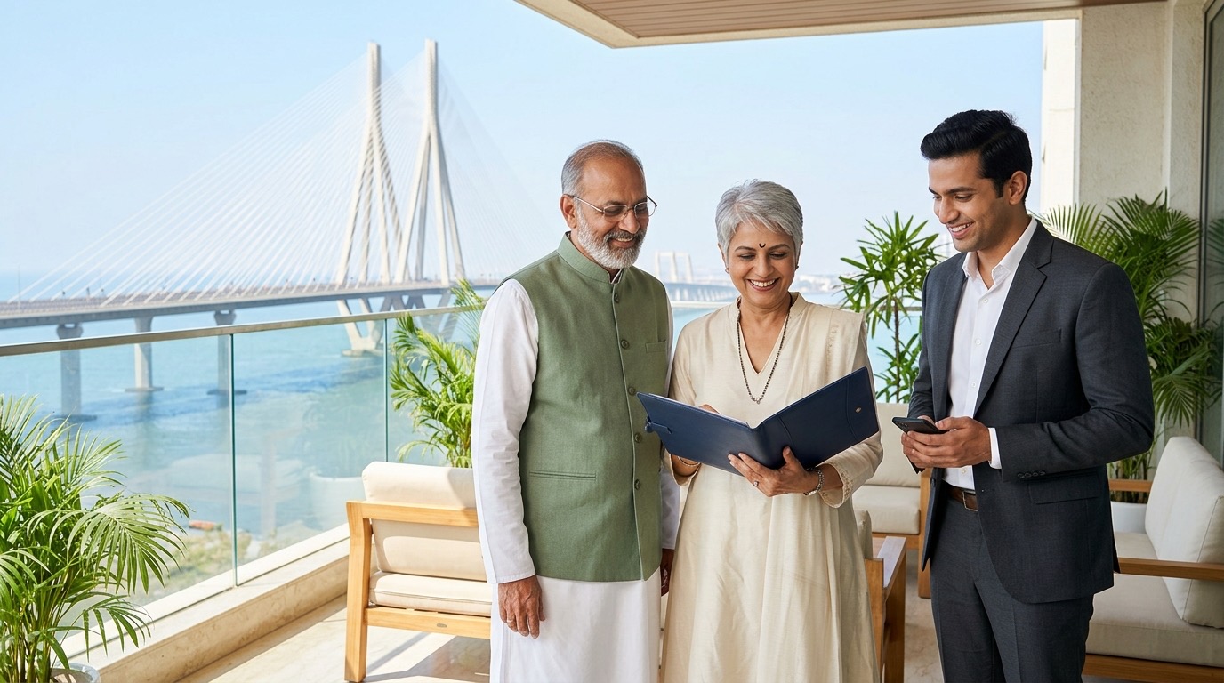 A Mumbai family smiling over their registered will on a Bandra balcony, the Bandra Worli Sea Link behind them
