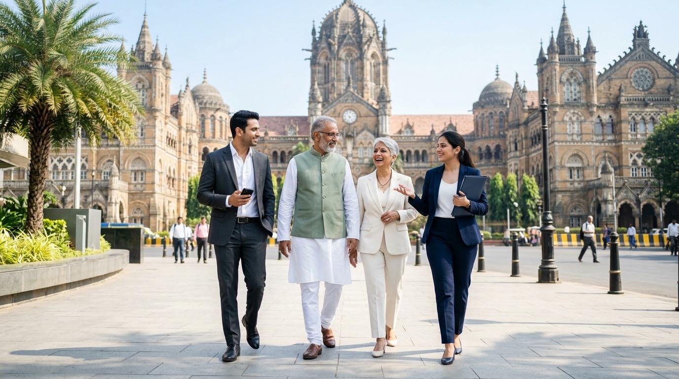 A WillJini executive walks a Mumbai family to their will registration appointment, CSMT behind them