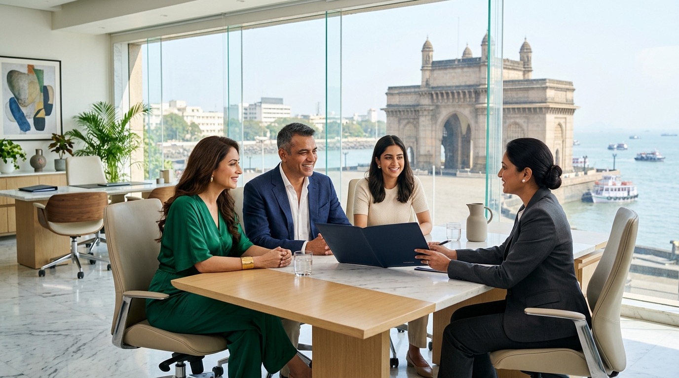 A WillJini advocate takes a Mumbai family through their will in a Colaba office overlooking the Gateway of India