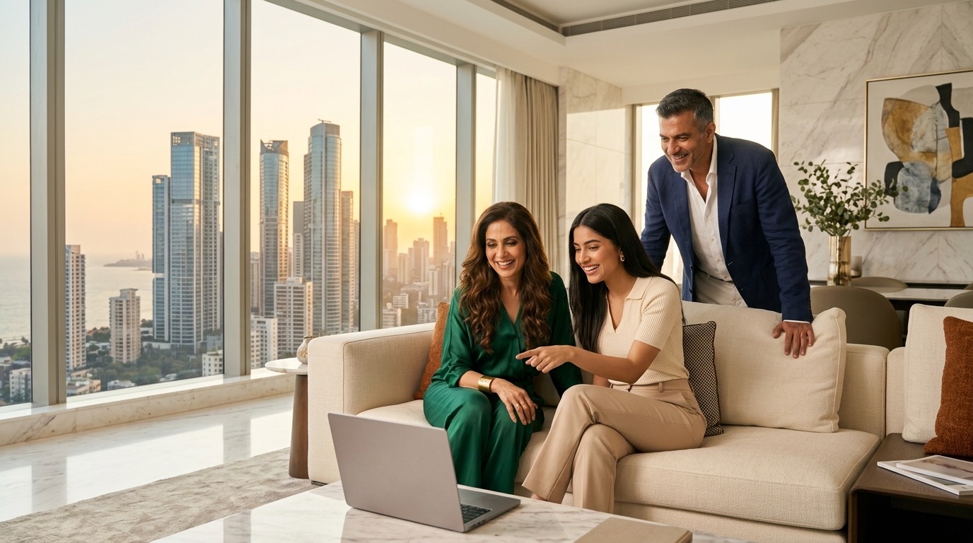A Mumbai family on a video call with their WillJini advocate, the Worli skyline behind them