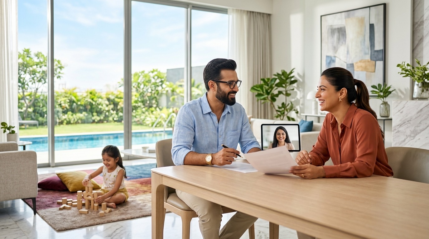 A young couple plan their first will on a video call with a WillJini lawyer while their daughter plays nearby