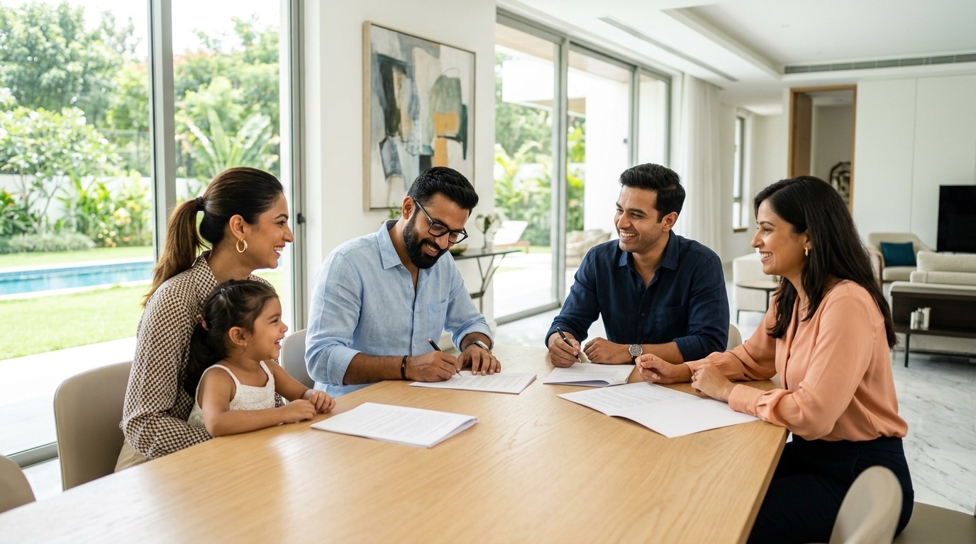 A young husband signs his will at home while two friends wait to sign as witnesses